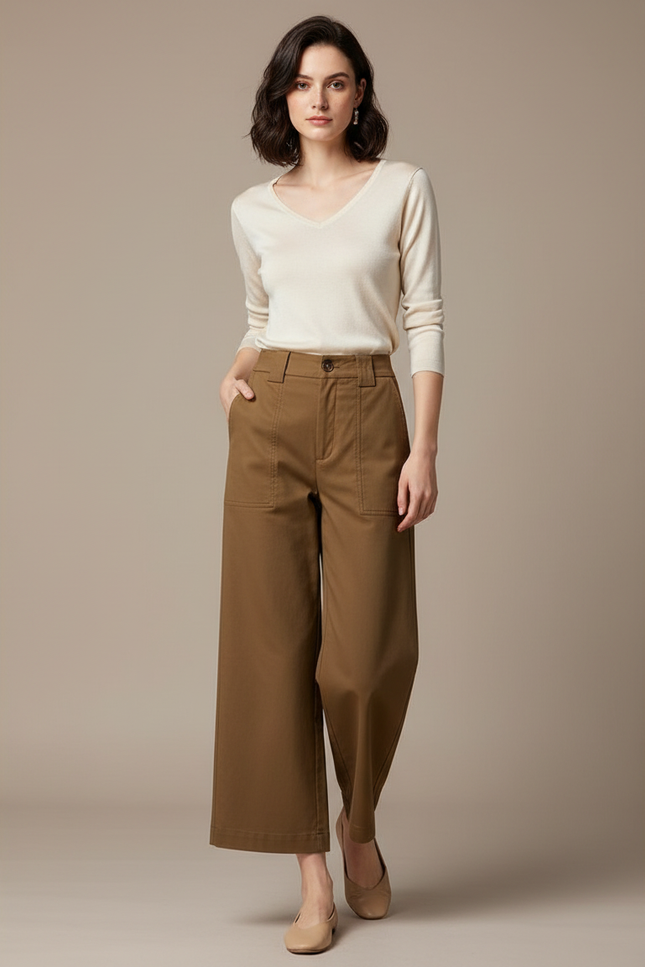 Pantalon Marron Large Coton Taille Haute Décontracté - Gabardine