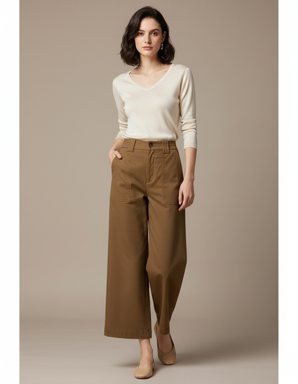 Pantalon Marron Large Coton Taille Haute Décontracté - Gabardine