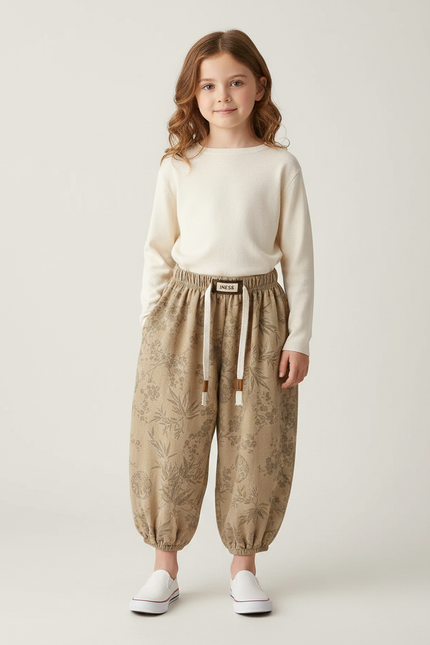 Pantalon Marron Ample Fleuri Coton Enfant Décontracté