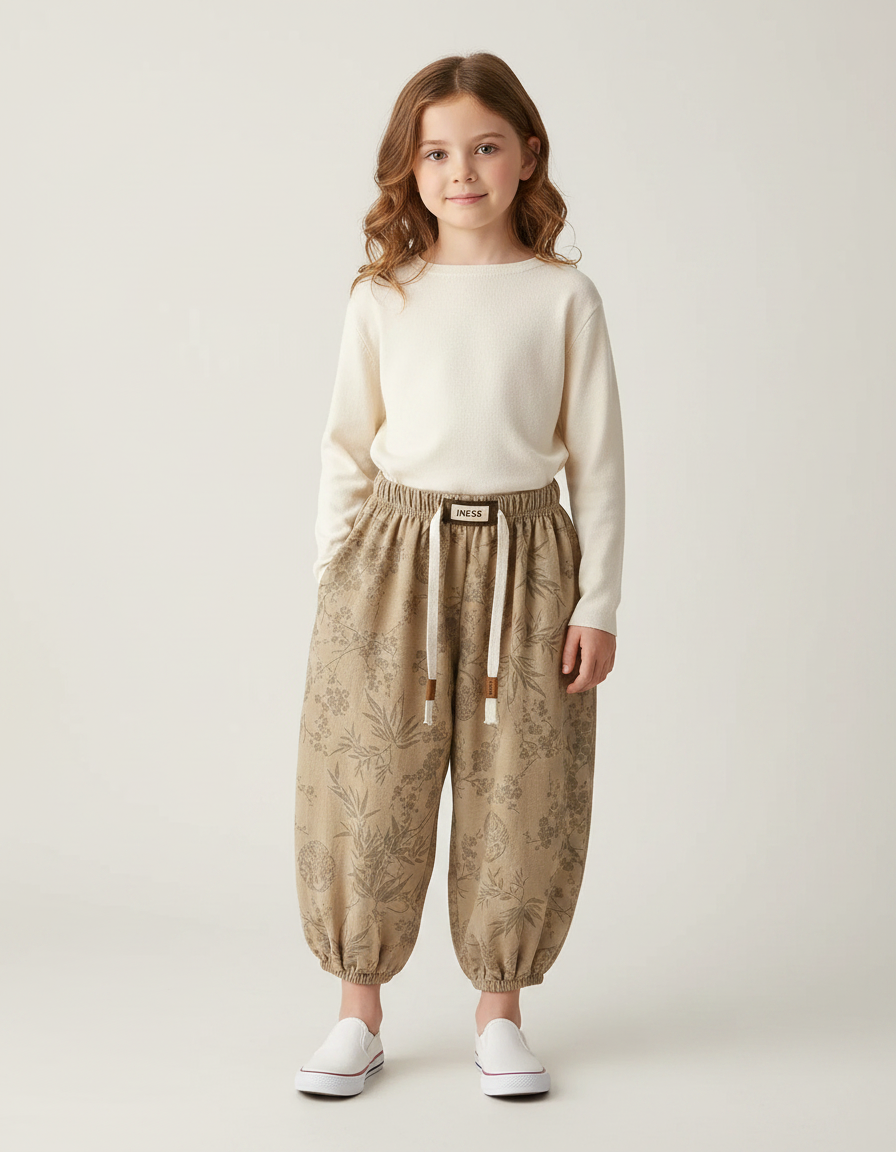 Pantalon Marron Ample Fleuri Coton Enfant Décontracté