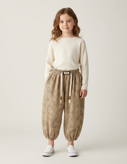 Pantalon Marron Ample Fleuri Coton Enfant Décontracté