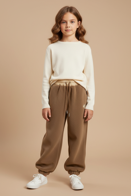 Pantalon Marron Ample Molletonné Enfant Brodé