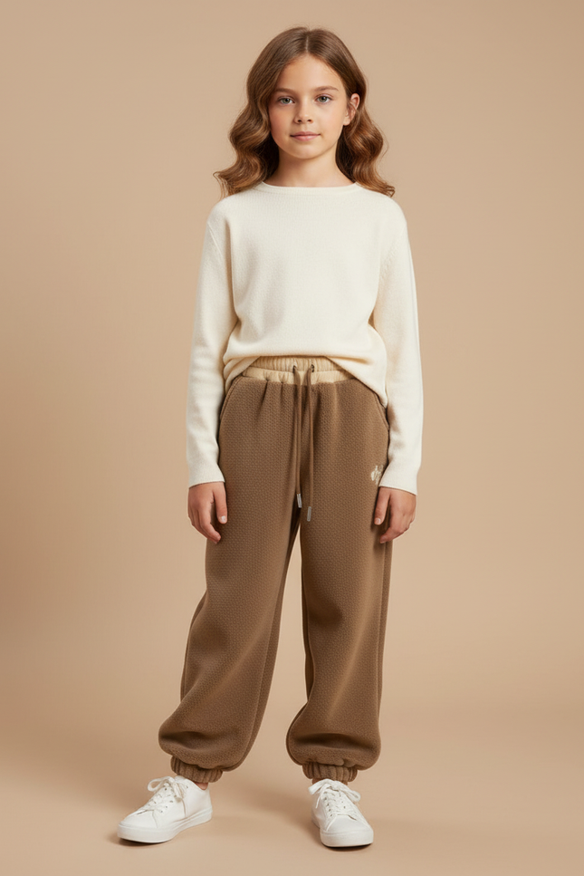 Pantalon Marron Ample Molletonné Enfant Brodé