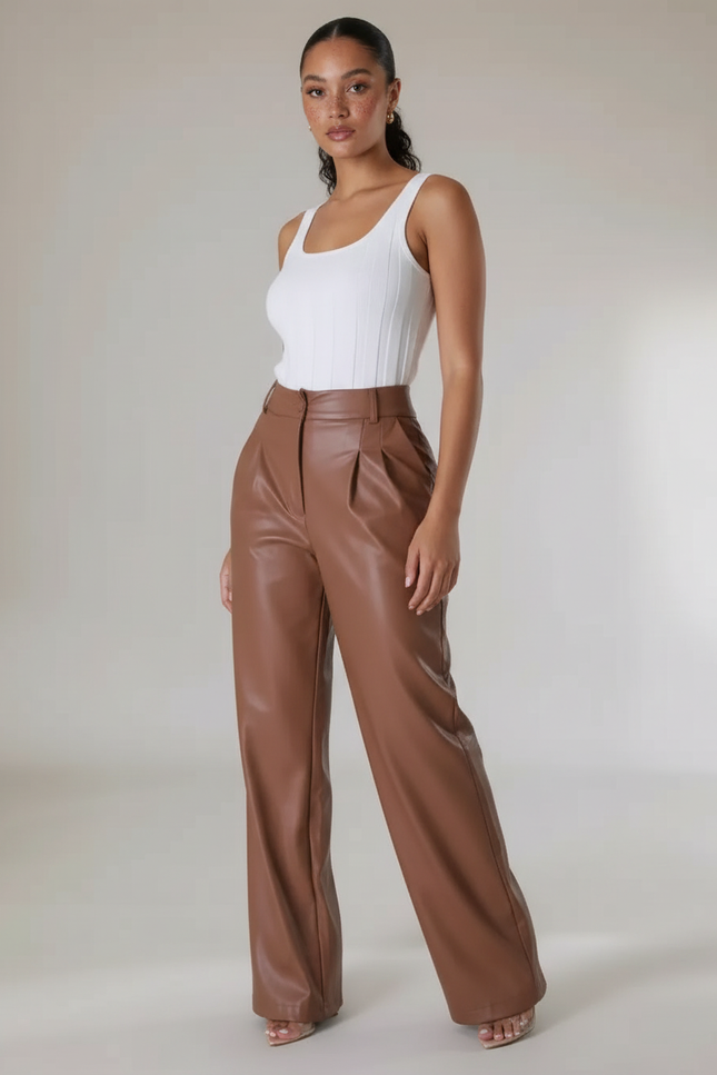 Pantalon Marron Similicuir Ample Taille Haute Plissé - Simili cuir