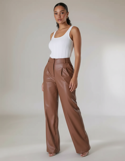 Pantalon Marron Similicuir Ample Taille Haute Plissé - Simili cuir