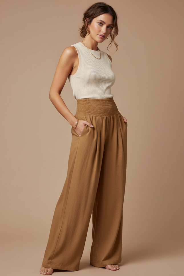 Pantalon Marron Fluide Ample Taille Haute Élégant Femme - Viscose
