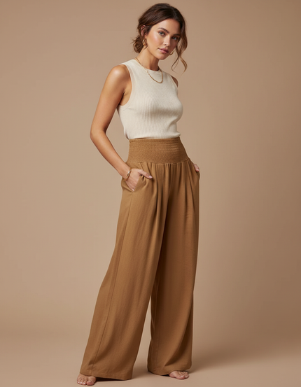 Pantalon Marron Fluide Ample Taille Haute Élégant Femme - Viscose
