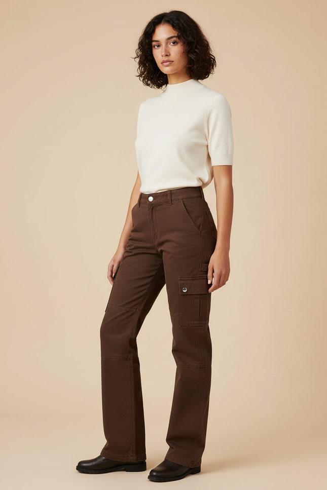 Pantalon Marron Cargo Vintage Taille Haute Femme - Toile