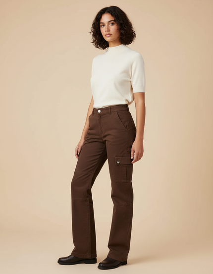 Pantalon Marron Cargo Vintage Taille Haute Femme - Toile