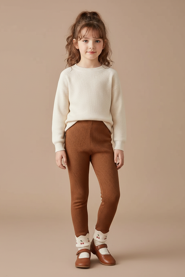 Pantalon Marron Côtelé Brodé Cerises Fille - Maille