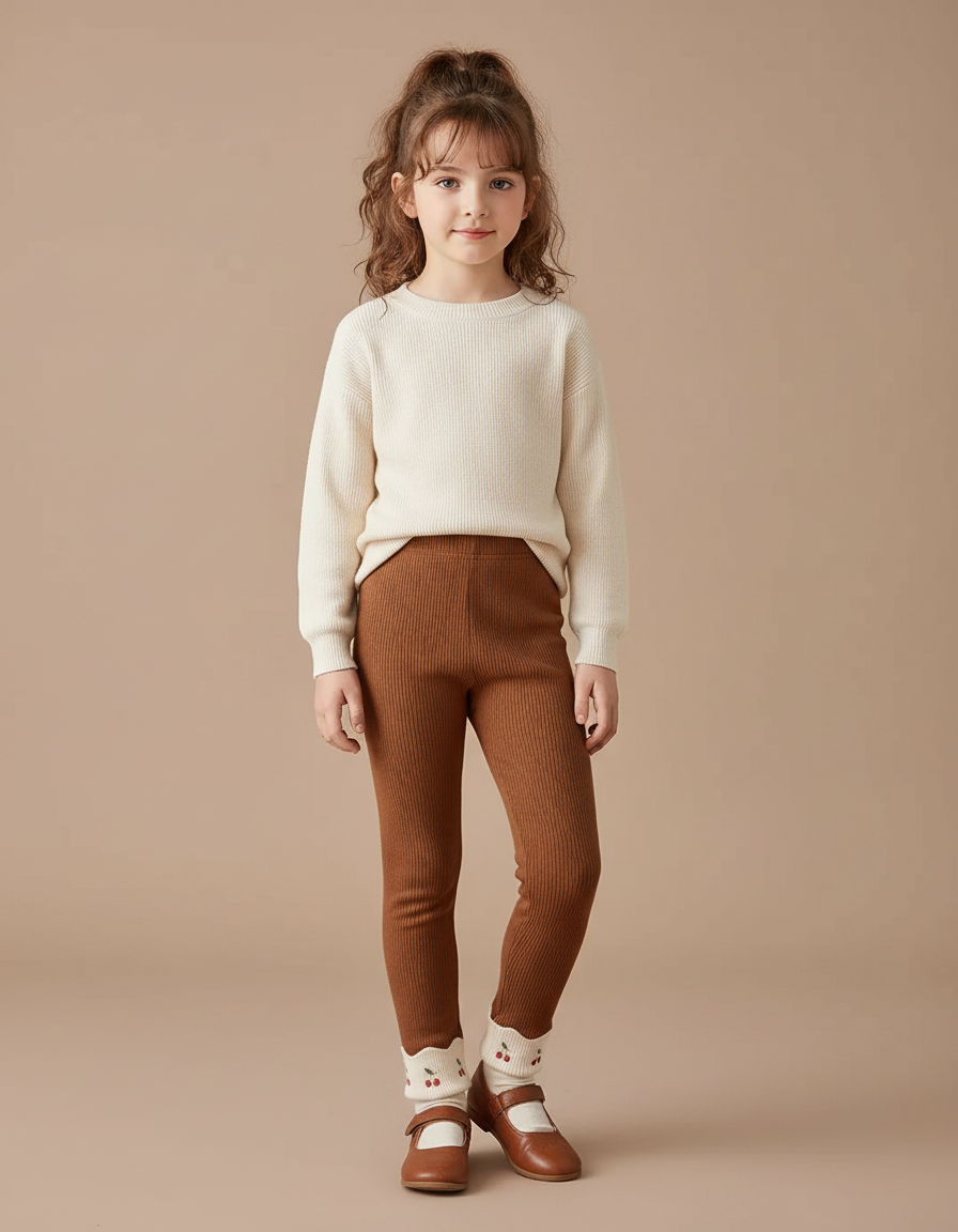 Pantalon Marron Côtelé Brodé Cerises Fille - Maille