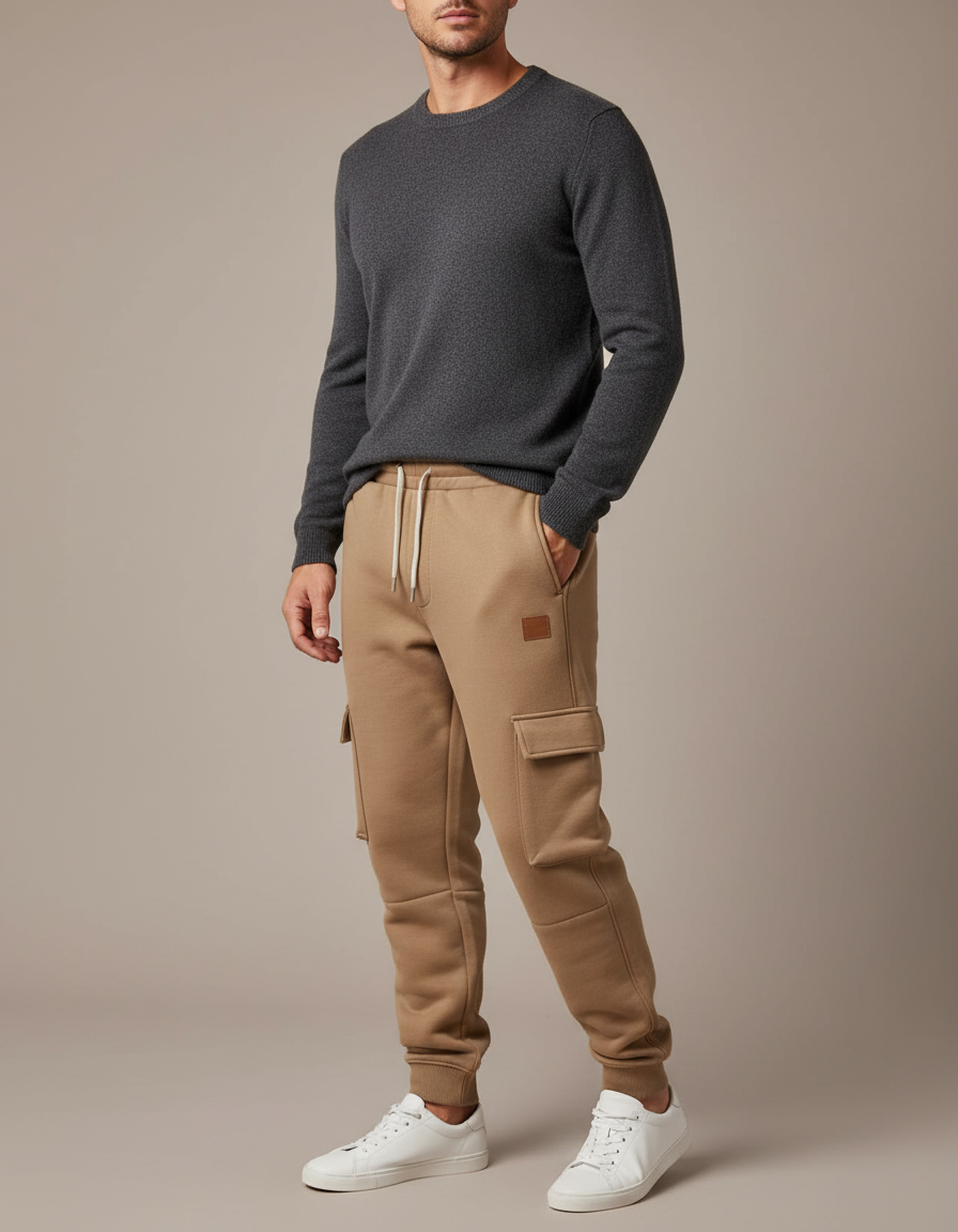 Pantalon Marron Cargo Molletonné Confortable Multipoches Homme - Camel