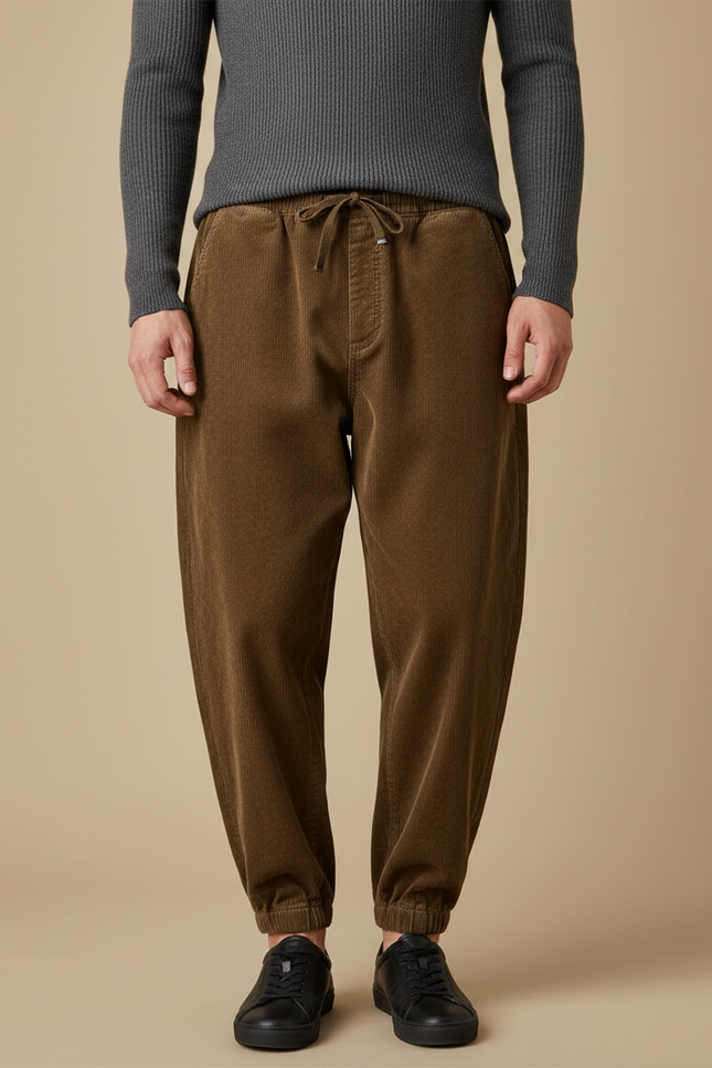 Pantalon Marron Côtelé Ample Décontracté Homme Cordon - Cordé