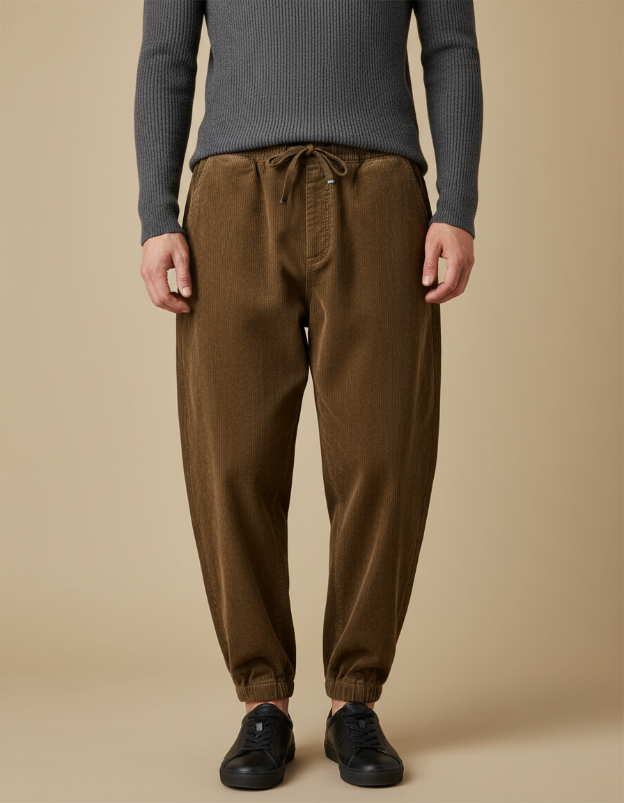Pantalon Marron Côtelé Ample Décontracté Homme Cordon - Cordé