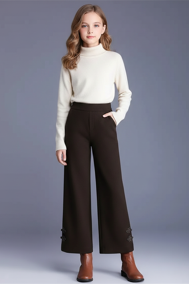 Pantalon Marron Ample Taille Haute Décontracté Brodé - Tweed