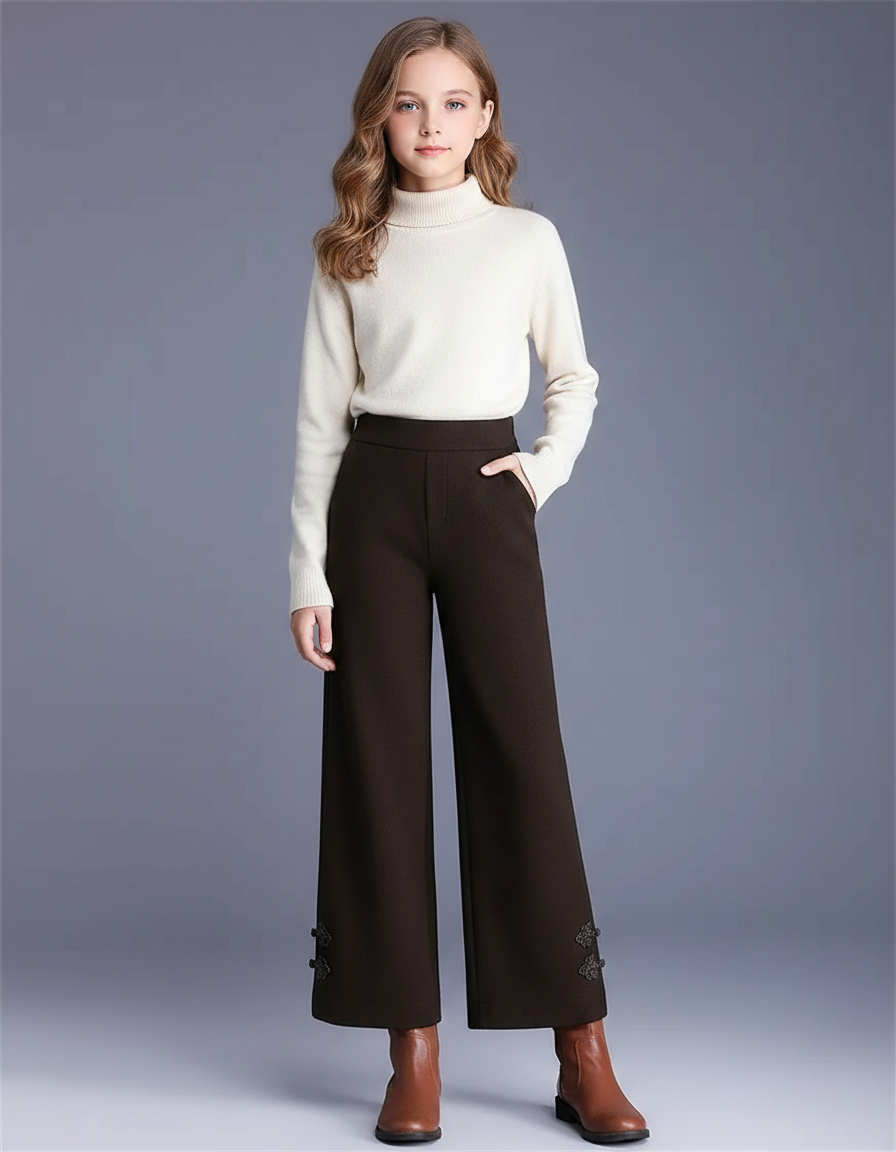 Pantalon Marron Ample Taille Haute Décontracté Brodé - Tweed