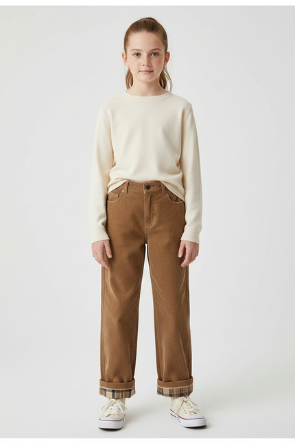 Pantalon Marron Côtelé Ample Plaid Décontracté - Cordé