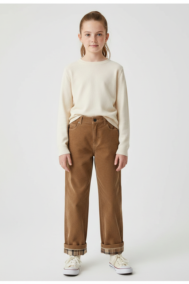 Pantalon Marron Côtelé Ample Plaid Décontracté - Cordé