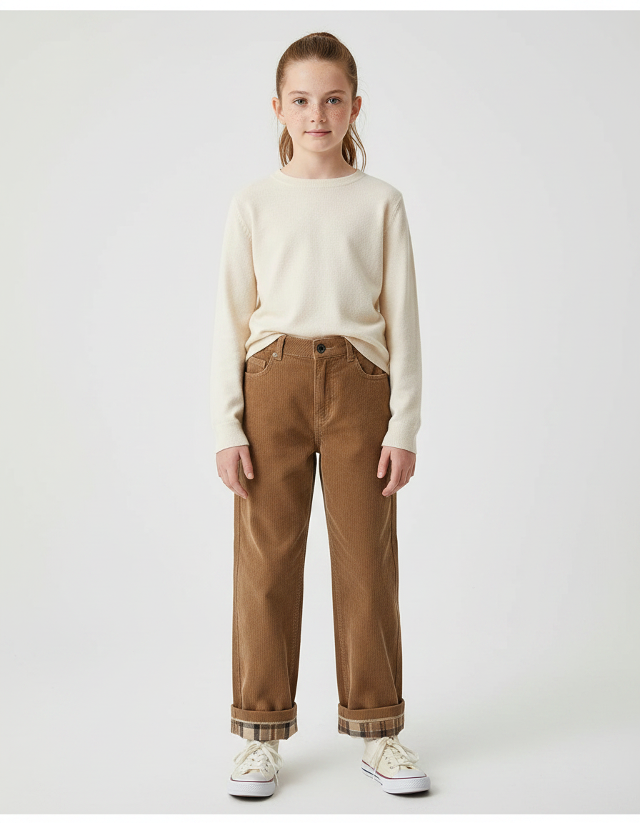 Pantalon Marron Côtelé Ample Plaid Décontracté - Cordé