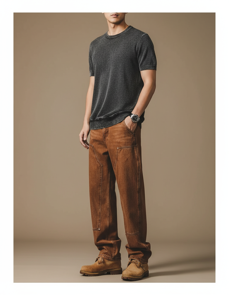 Pantalon Marron Ample Cargo Décontracté Homme Coton - Toile