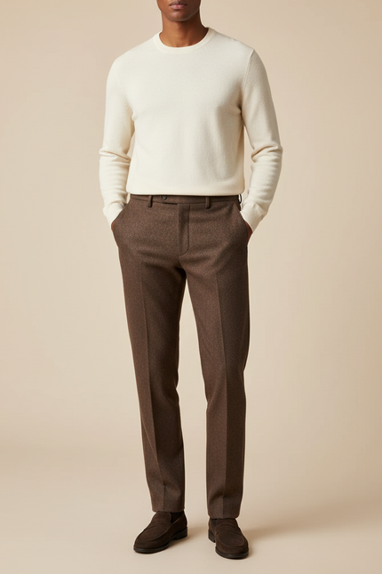 Pantalon Marron Tweed Droit Texturé Homme Élégant