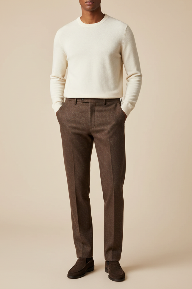 Pantalon Marron Tweed Droit Texturé Homme Élégant