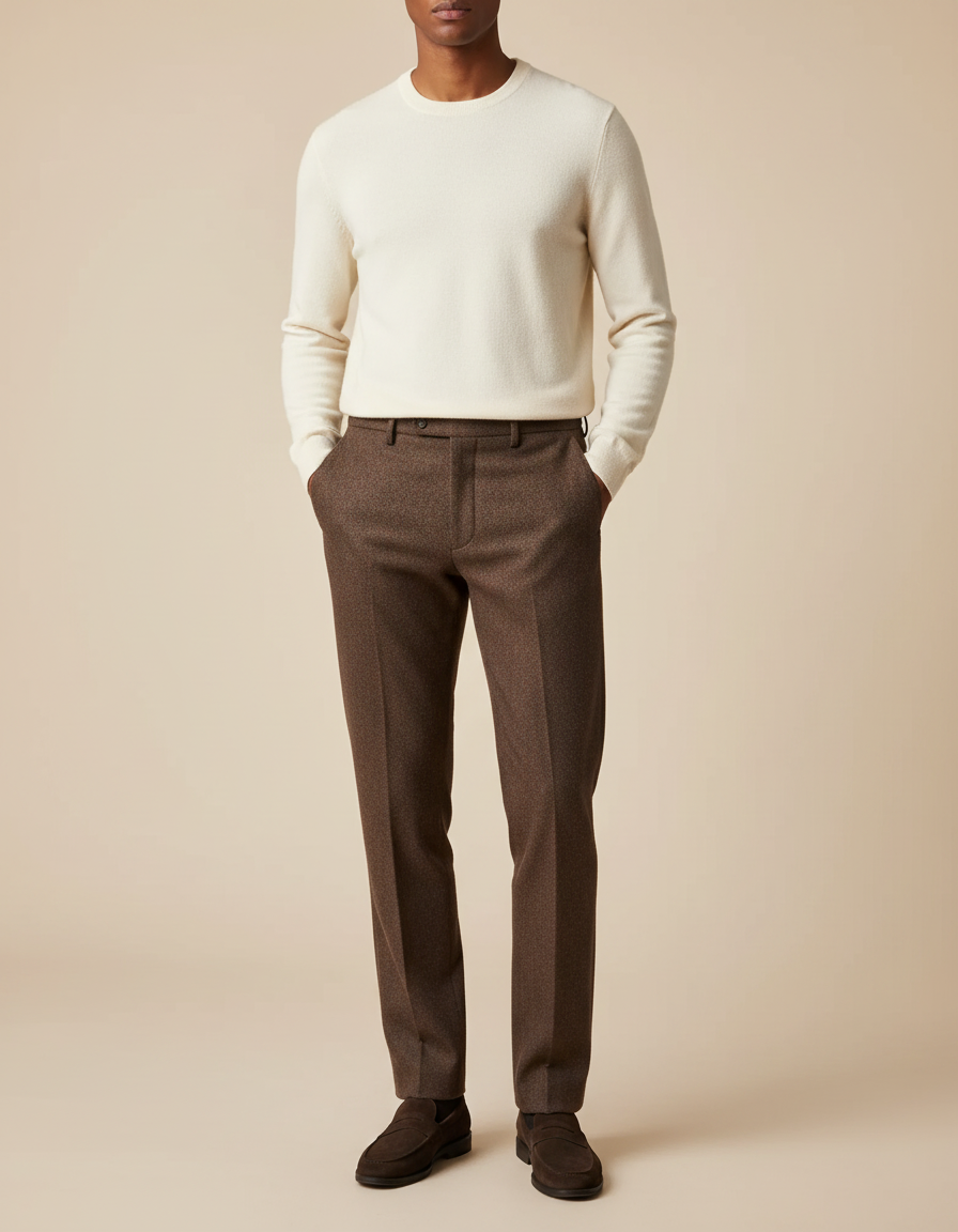 Pantalon Marron Tweed Droit Texturé Homme Élégant