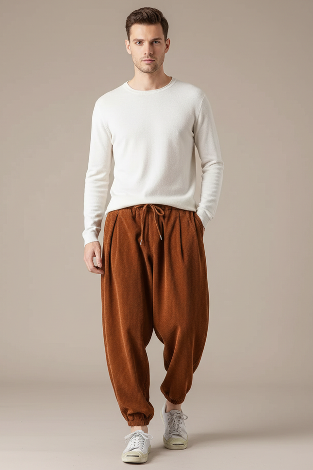 Pantalon Marron Côtelé Ample Décontracté Homme - Cordé