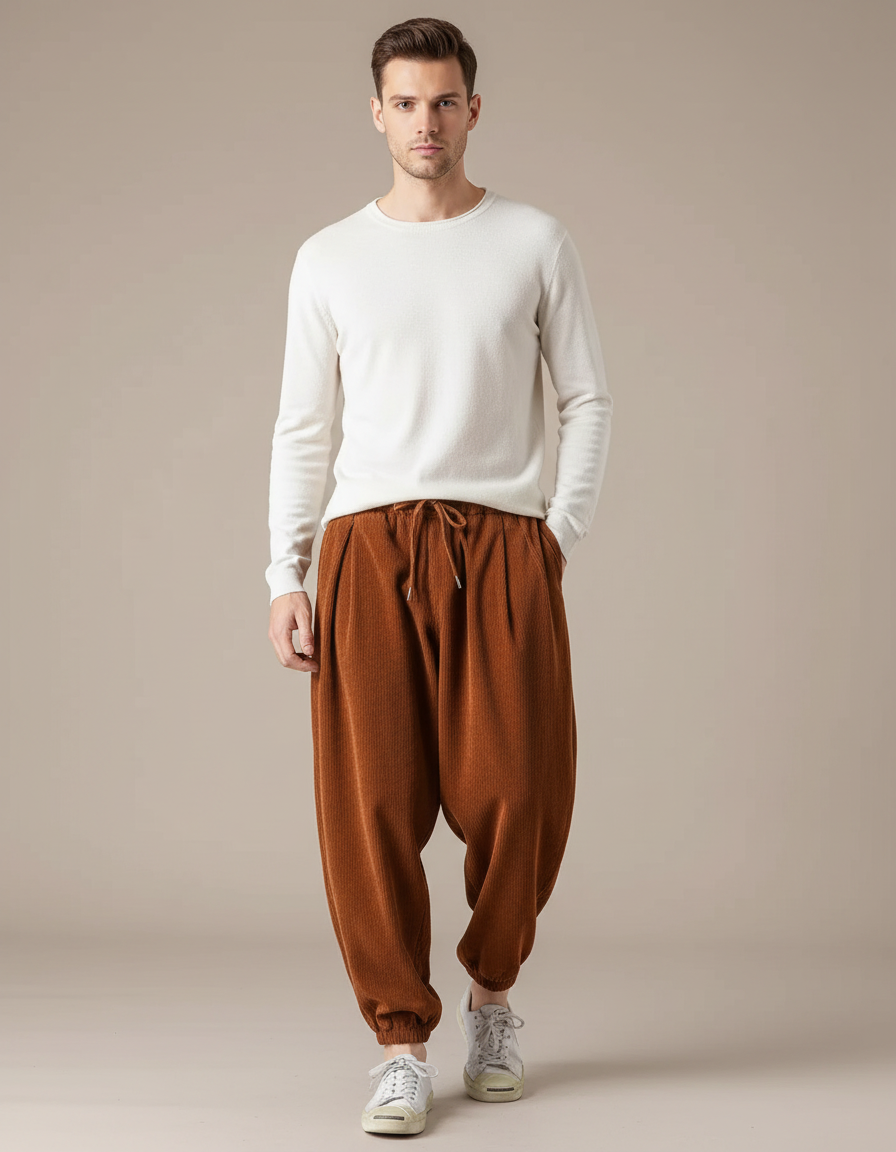 Pantalon Marron Côtelé Ample Décontracté Homme - Cordé