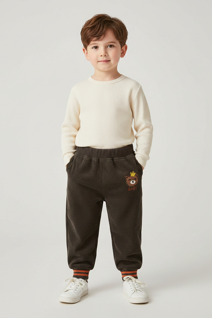 Pantalon Marron Côtelé Ample Décontracté Ourson Enfant - Cordé