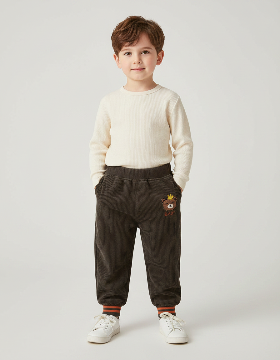 Pantalon Marron Côtelé Ample Décontracté Ourson Enfant - Cordé