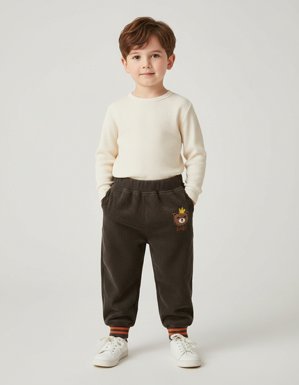 Pantalon Marron Côtelé Ample Décontracté Ourson Enfant - Cordé