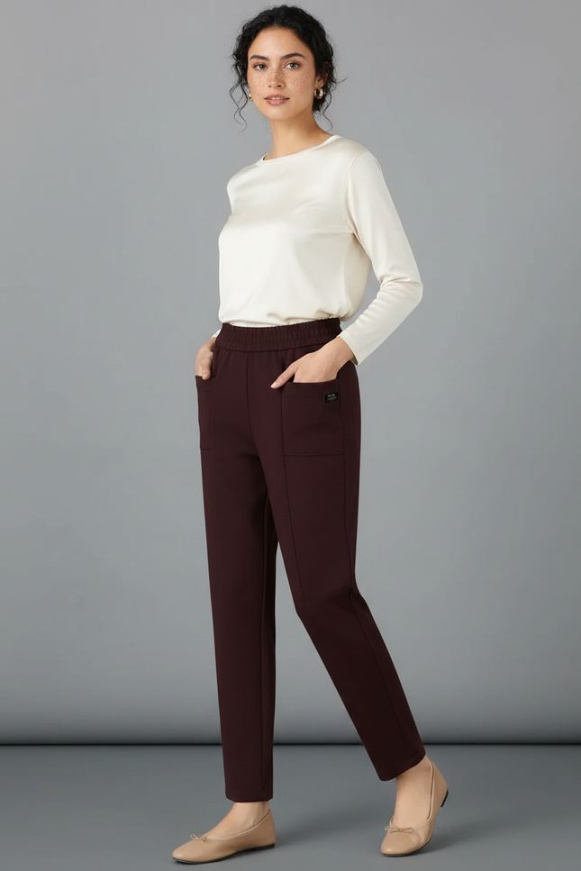 Pantalon Marron Fluide Décontracté Confortable Élastique - Polyester