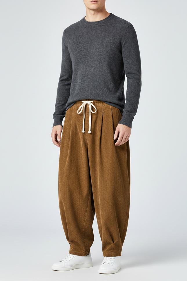 Pantalon Marron Côtelé Ample Épais Cordon Homme - Cordé