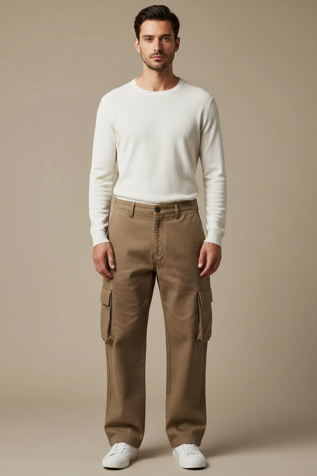 Pantalon Marron Cargo Ample Coton Multipoches Homme - Toile