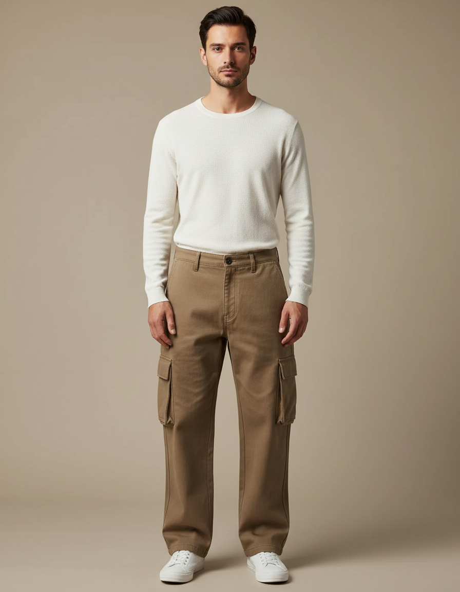 Pantalon Marron Cargo Ample Coton Multipoches Homme - Toile