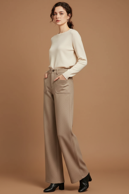Pantalon Marron Laine Large Droit Élégant Femme - Beige