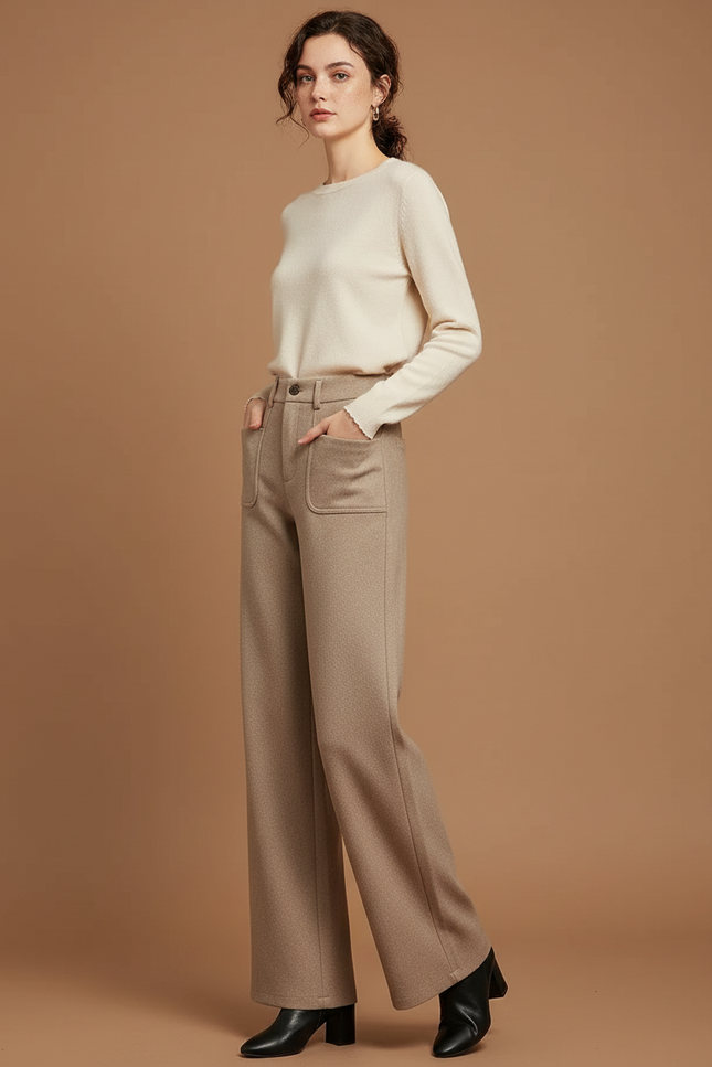 Pantalon Marron Laine Large Droit Élégant Femme - Beige