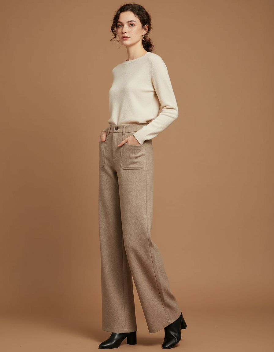 Pantalon Marron Laine Large Droit Élégant Femme - Beige