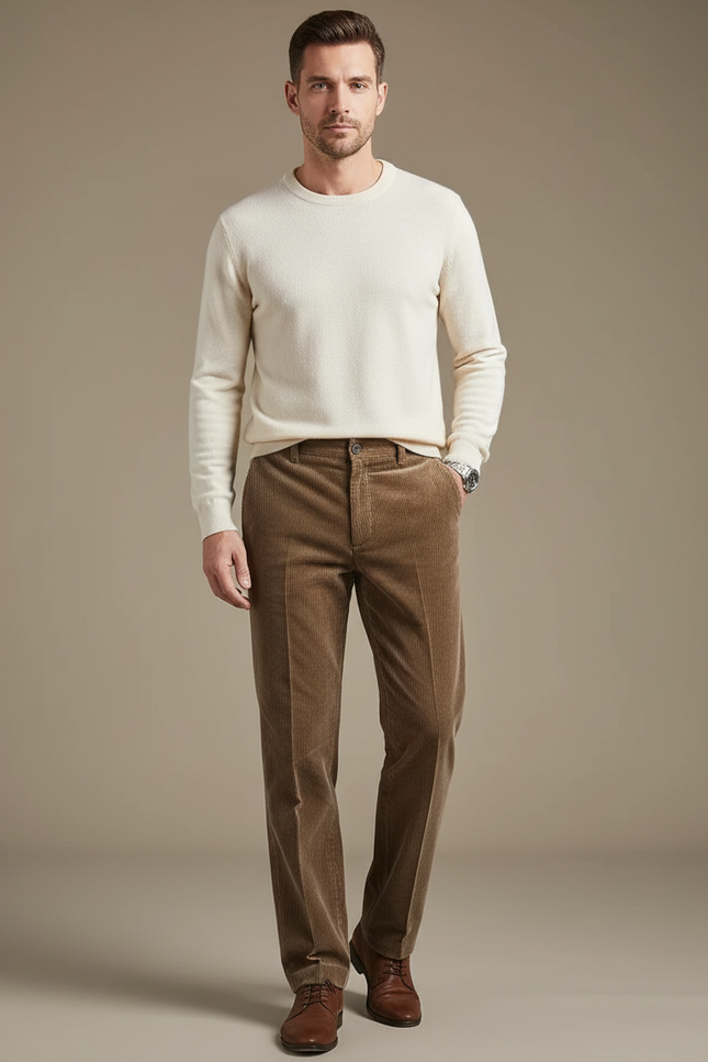 Pantalon Marron Côtelé Droit Épais Élégant Homme - Cordé