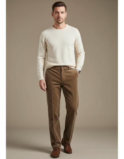 Pantalon Marron Côtelé Droit Épais Élégant Homme - Cordé