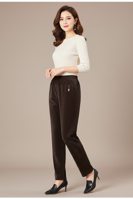 Pantalon Marron Côtelé Droit Chaud Décontracté Femme - Cordé