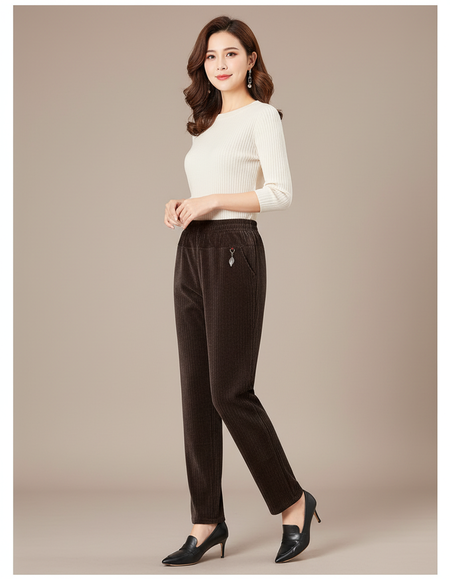 Pantalon Marron Côtelé Droit Chaud Décontracté Femme - Cordé