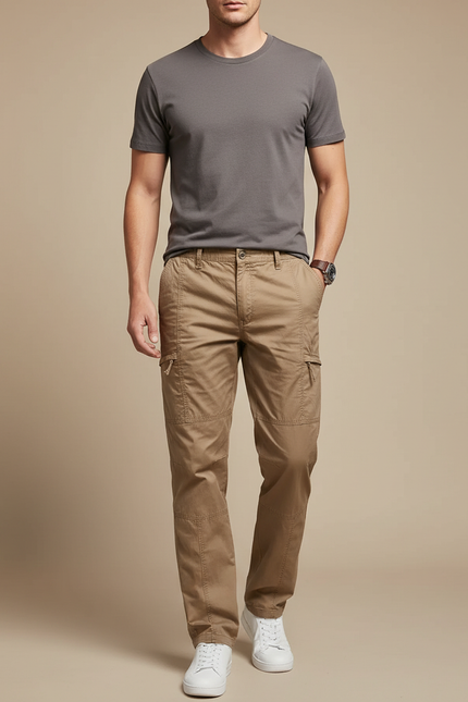 Pantalon Marron Cargo Coton Droit Décontracté Homme - Kaki