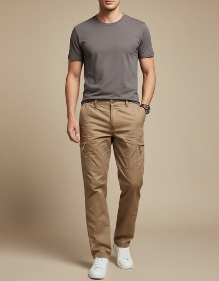 Pantalon Marron Cargo Coton Droit Décontracté Homme - Kaki