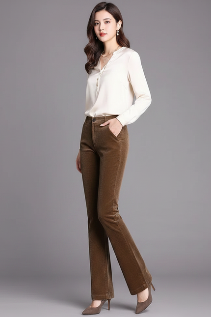 Pantalon Marron Côtelé Évasé Chic Femme - Cordé