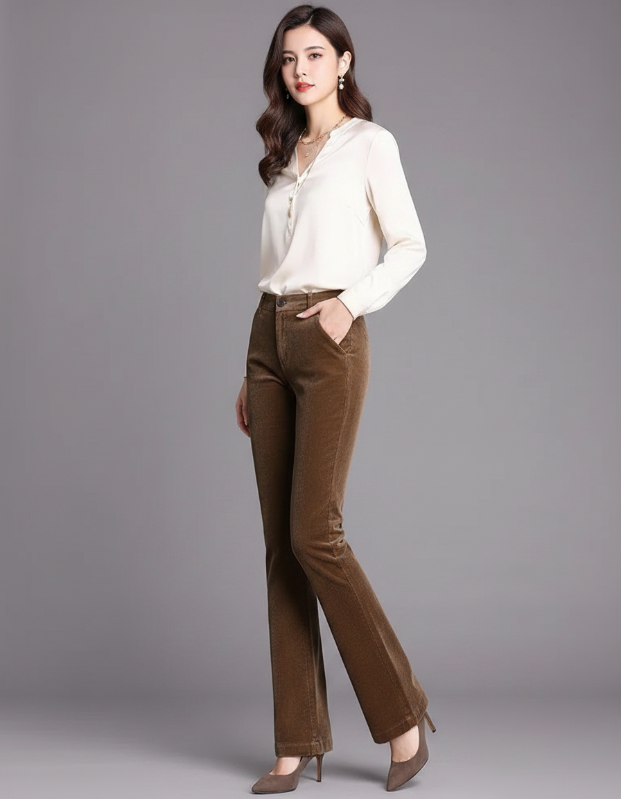 Pantalon Marron Côtelé Évasé Chic Femme - Cordé