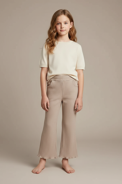 Pantalon Marron Côtelé Évasé Confortable Enfant - Beige Maille