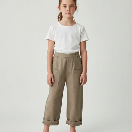 Pantalon Marron Coton Ample Poches Enfant - Kaki