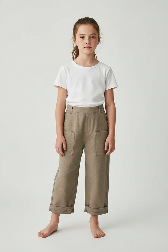 Pantalon Marron Coton Ample Poches Enfant - Kaki